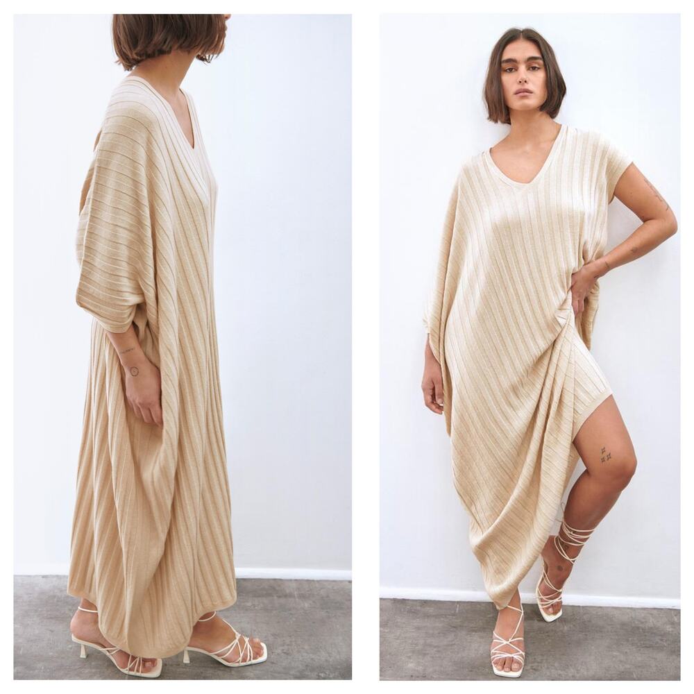 Zara | Dresses | Zara Cream Knit Cape Asymmetric Sleeves Maxi Dress Size  Small Kaftan Lagenlook | Poshmark